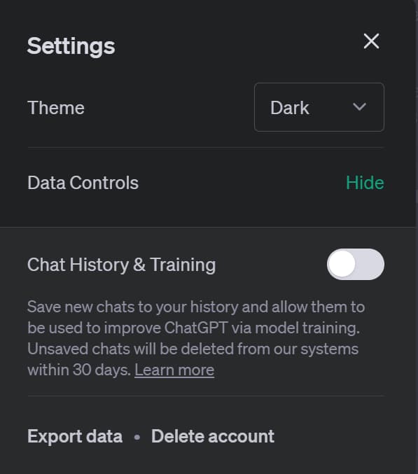 Chat History and Training Option in ChatGPT